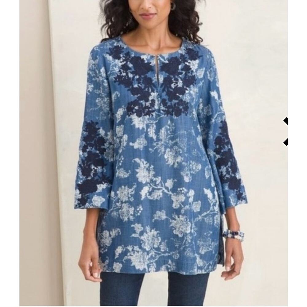 Chico's floral embroidered denim, Tencel chambray tunic blouse boho